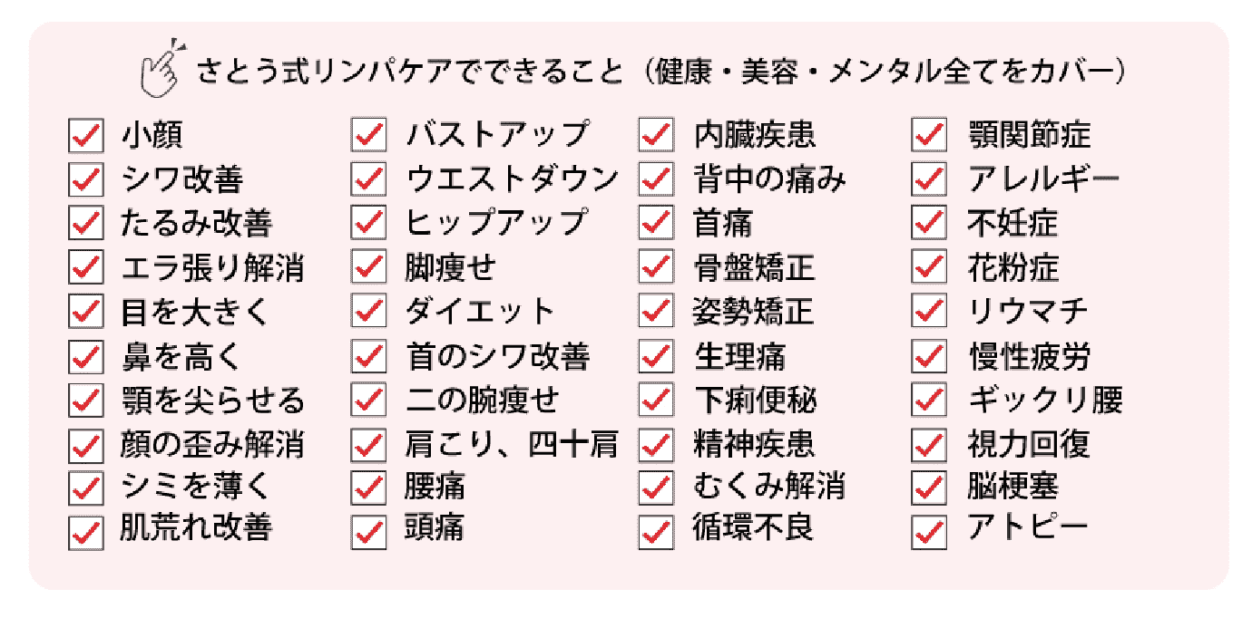 さとう式リンパケアでできること（健康・美容・メンタル全てをカバー）